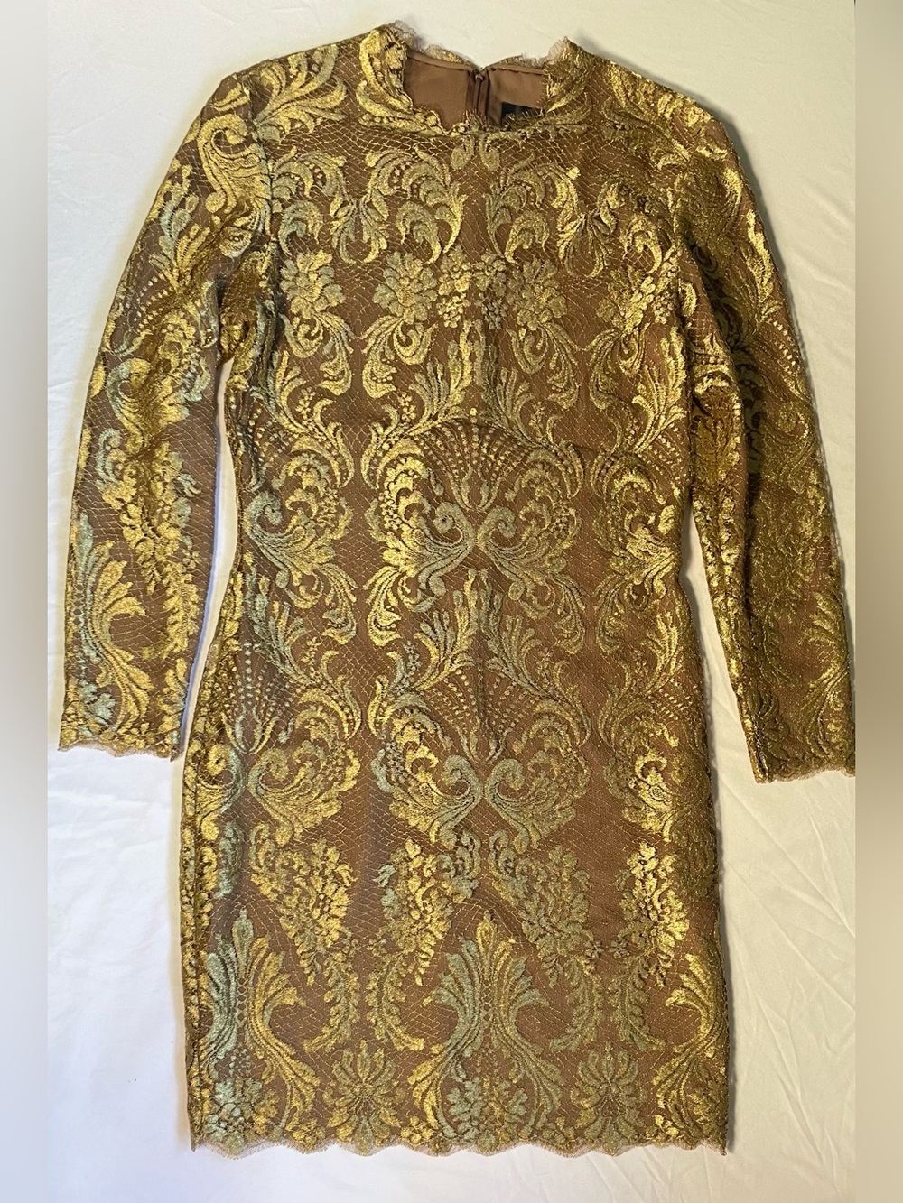 Vintage Pamela Dennis Gold Metallic Brocade Lace Silk Midi Long Sleeve Size 8